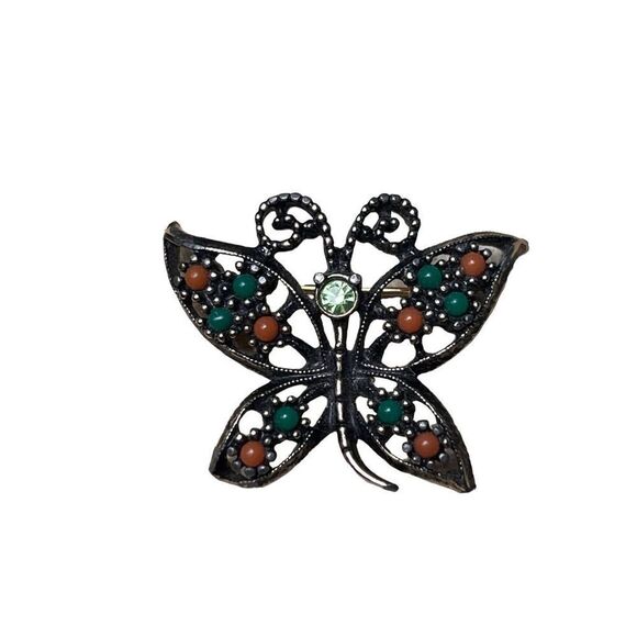 1980 Sarah Cov Butterfly Brooch Pin Costume Designer Jewelry Peach Green Vintage - Picture 2 of 5